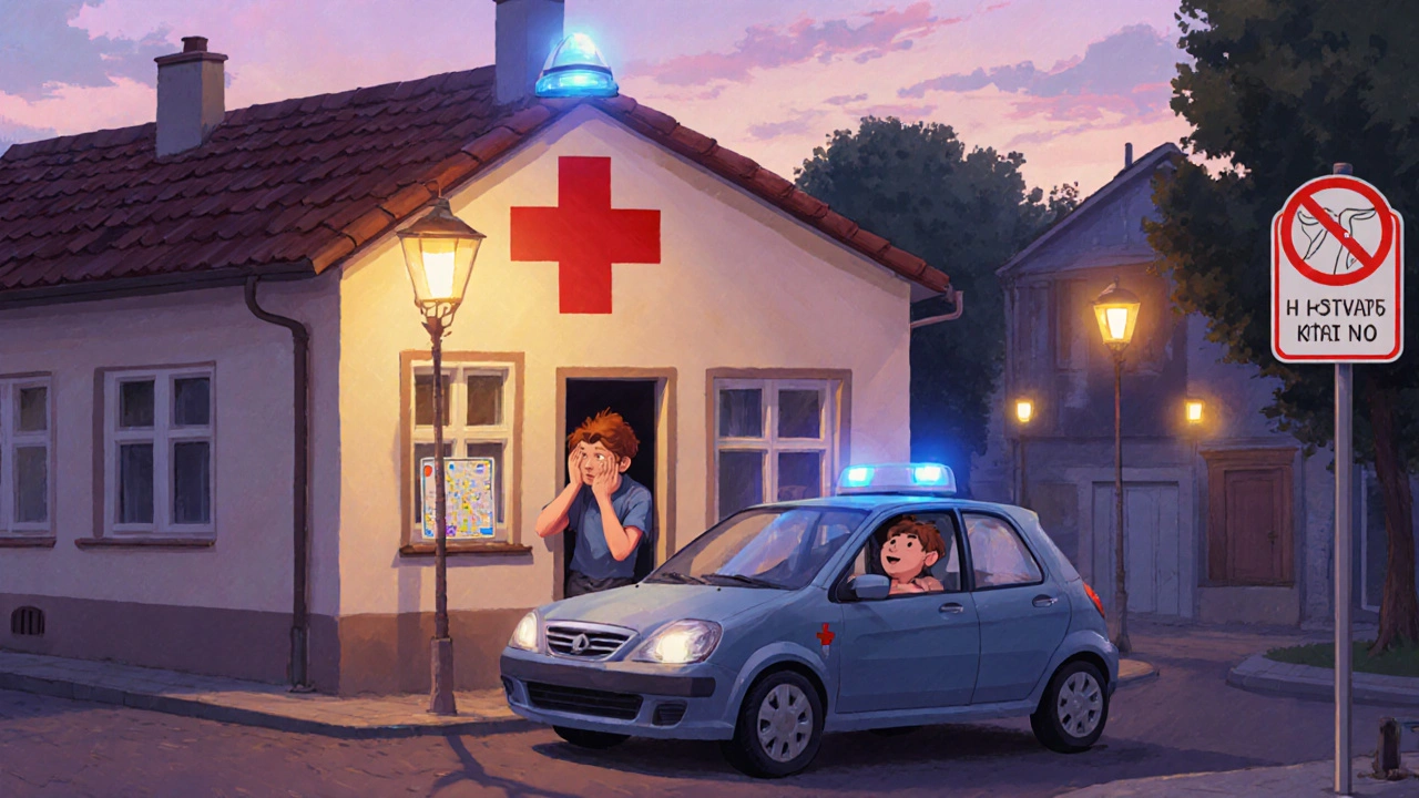 Auto zastavuje u kliniky s červeným křížem, řidič se dotýká tváře.