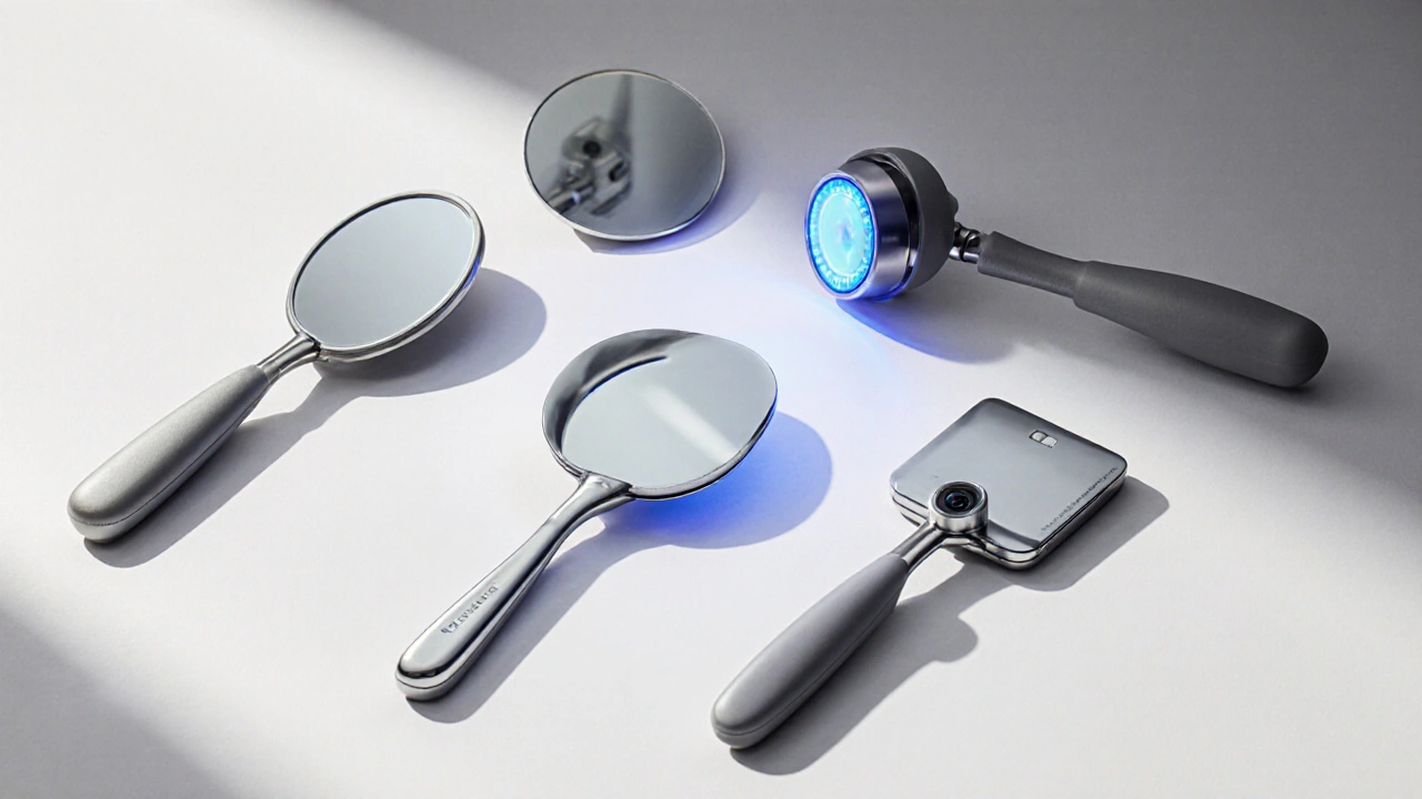 Čtyři typy dentálních zrcátek na bílém podkladu – klasické, ergonomické, LED a digitální.