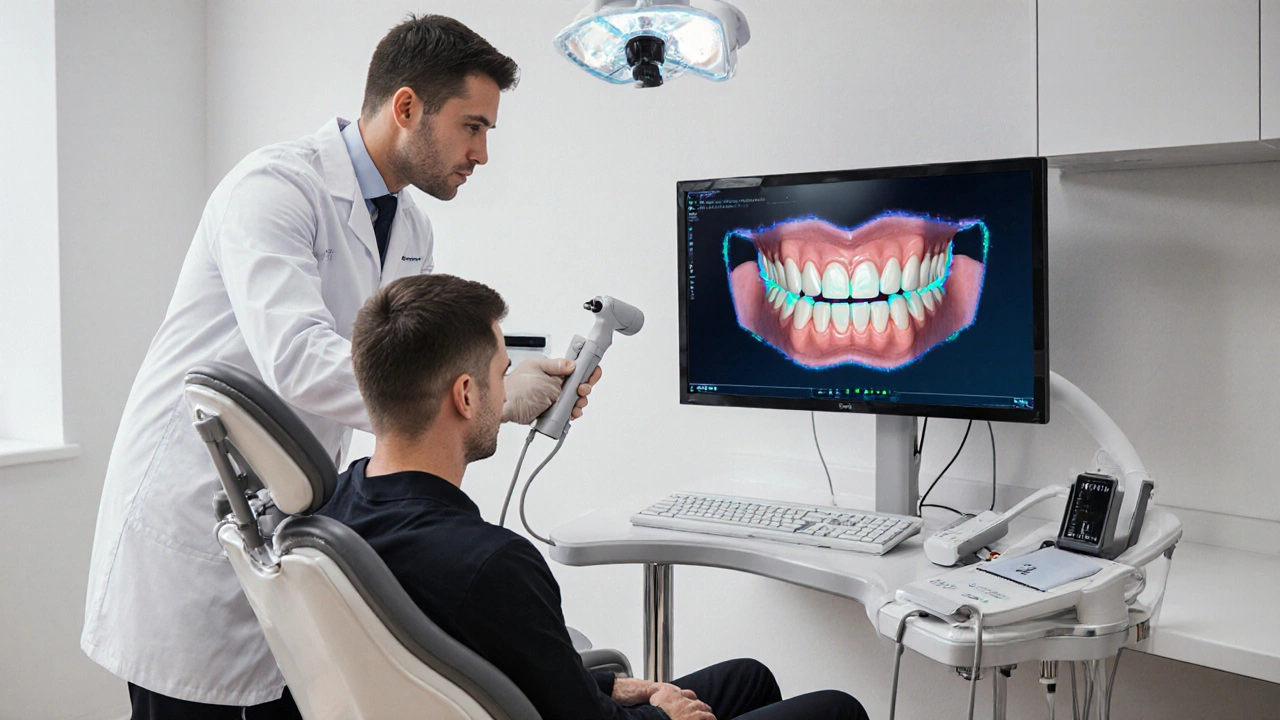 Dentista používá intraorální skener a ukazuje 3‑D model na monitoru.