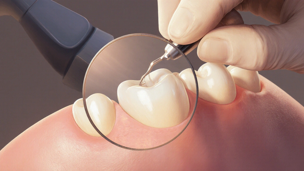 Dentista přilepuje tenkou keramickou fazetu na zub