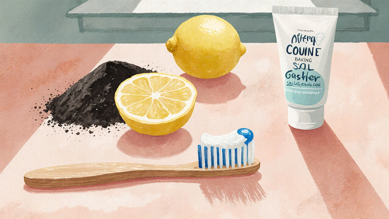 Koláž přírodních a obchodních prostředků: uhlí, citron, soda, gel a zubní kartáček na dřevěném pultu.