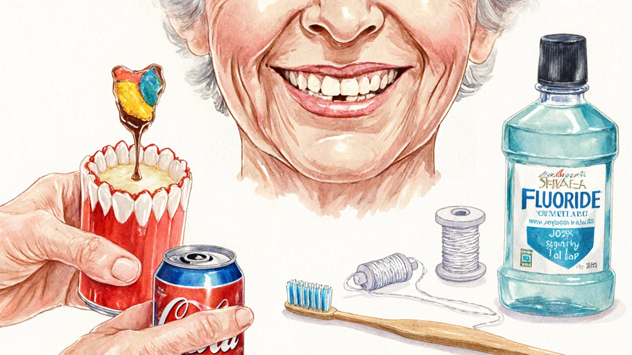 Kresba ukazující sladkosti, suchost úst, kartáček, nit a ústní vodu.