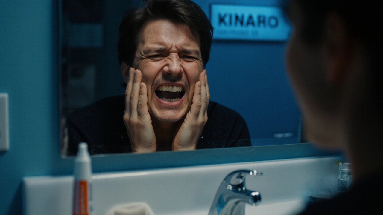 Osoba bolestivě drží tvář, vedle ní dočasný zubní vosk