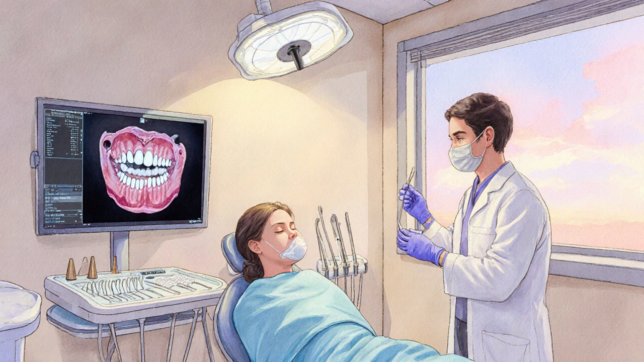 Pacient s chladivým obkladem v zubní ordinaci, dentista připravuje endodoncii.