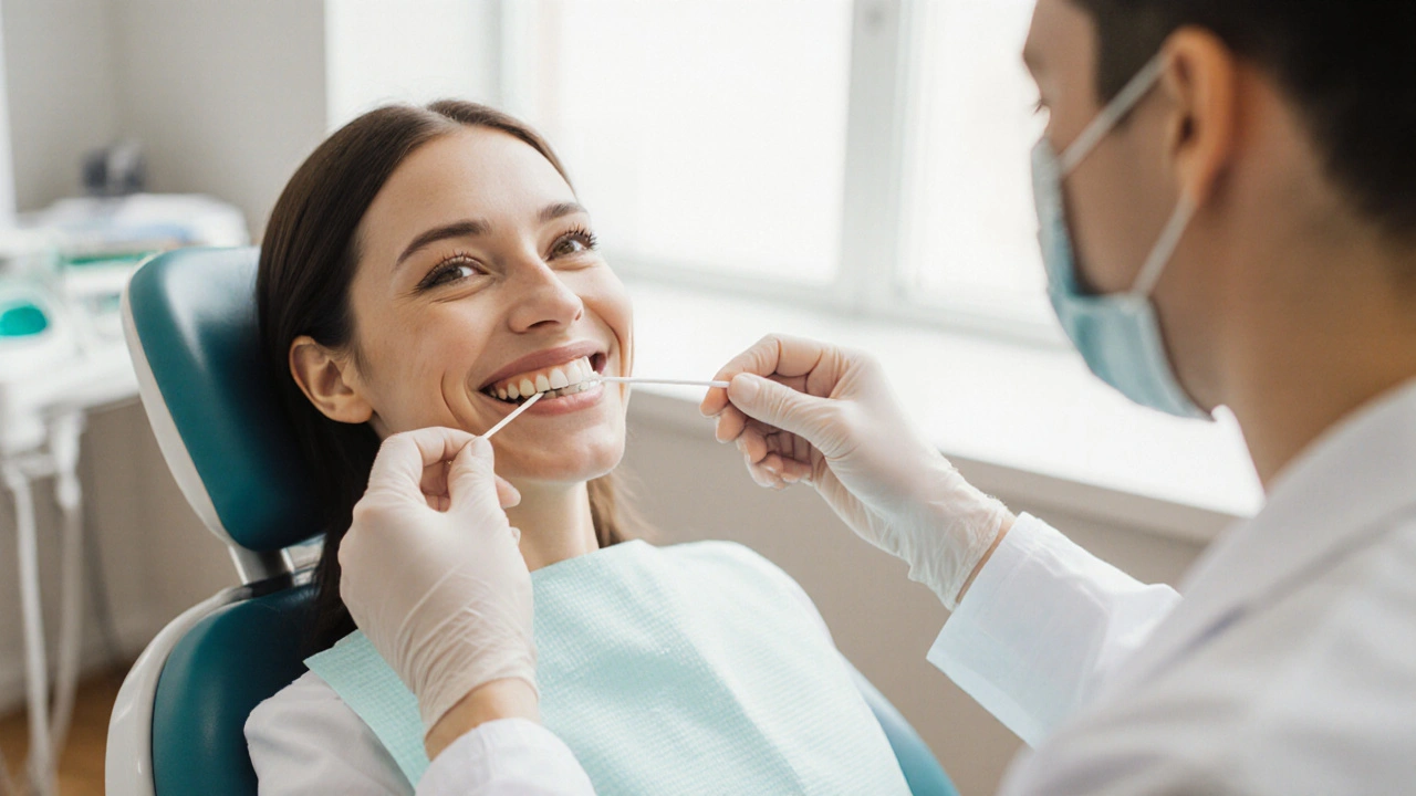 Pacient s úsměvem ukazuje zirkonové korunky, dentální hygiena v pozadí.