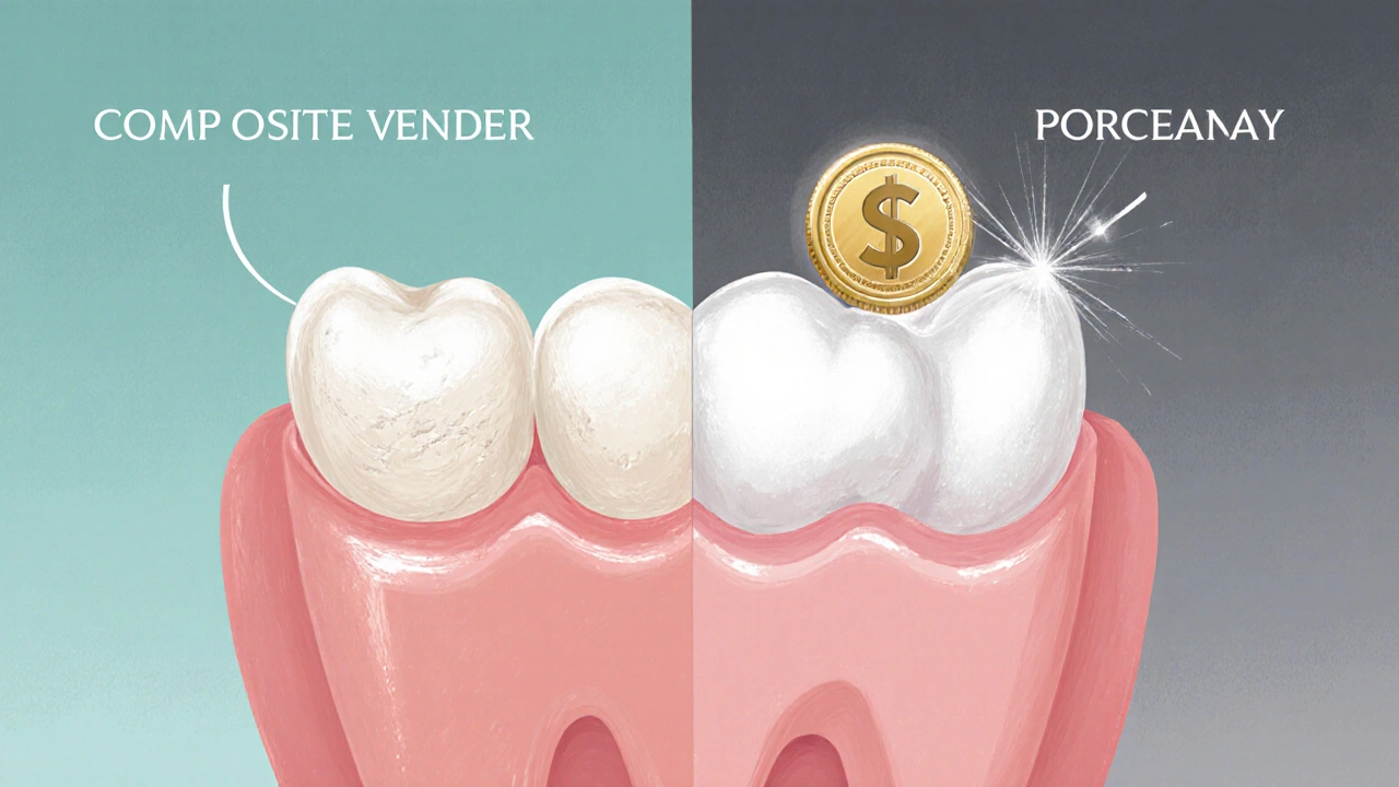 Porovnání kompozitní a porcelánové fazety na dvou sousedních zubech.
