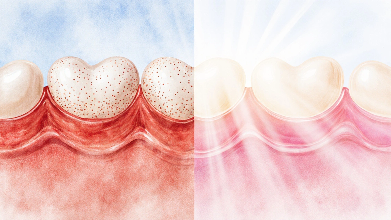 Porovnání zdravé a nezdravé dásně: hojení a regenerace tkáně.