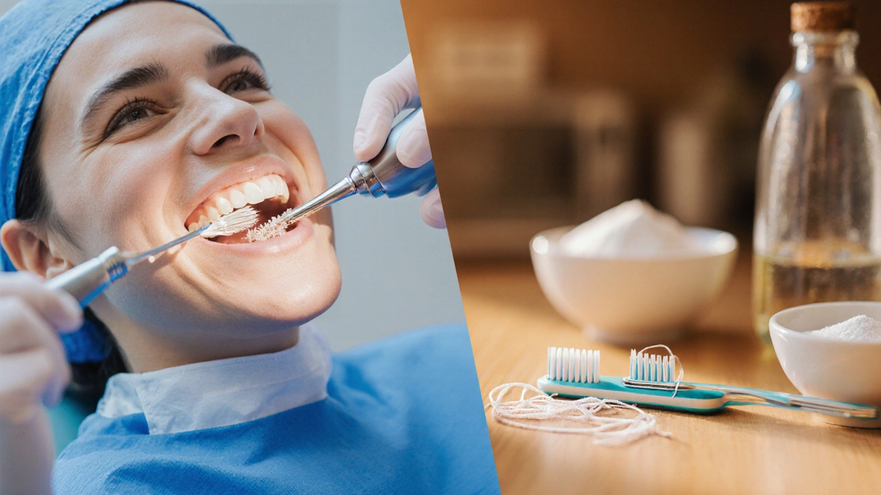 Rozdělený obraz: zubař s ultrazvukovým skalingem vs domácí hygiena zubů.