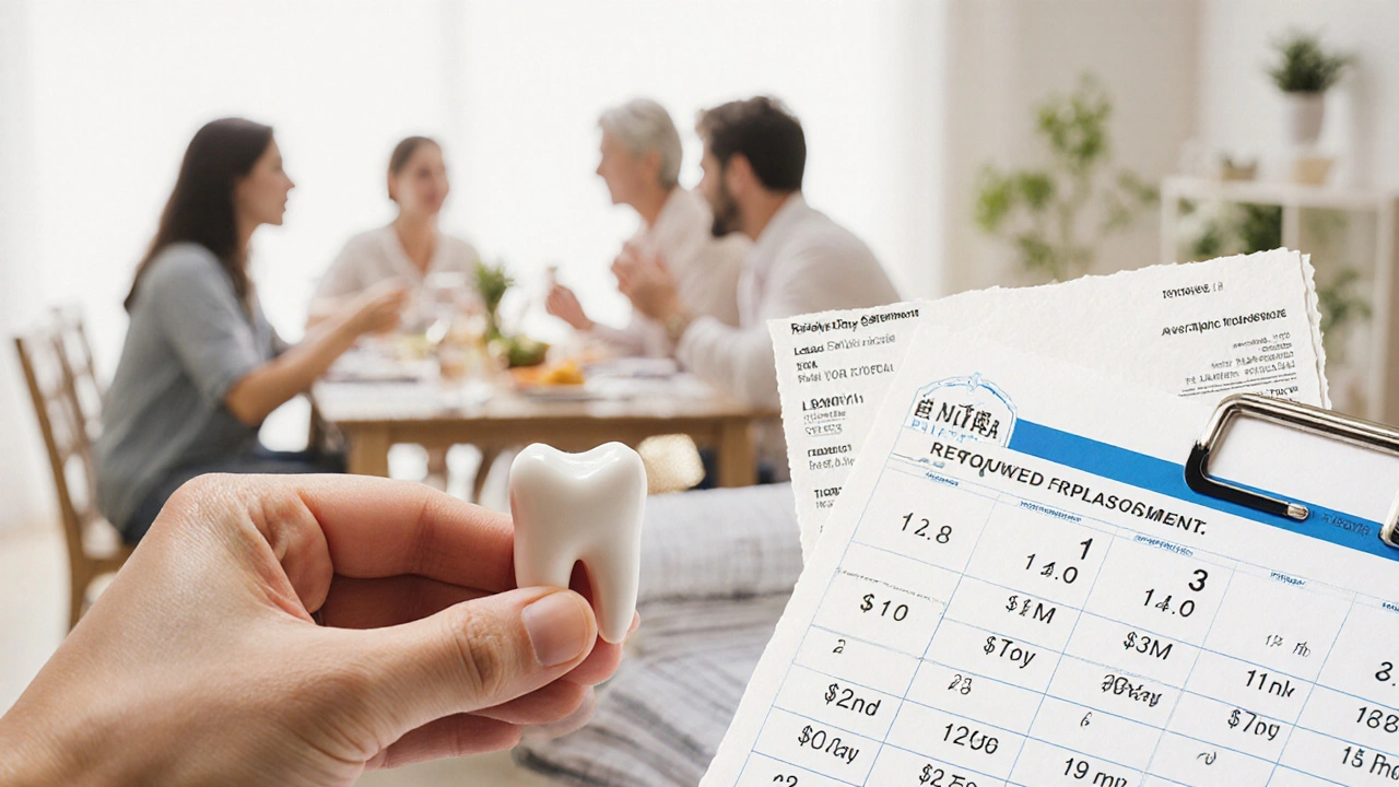 Ruka drží keramický zub vedle faktur a kalendáře s měsíčními splátkami.