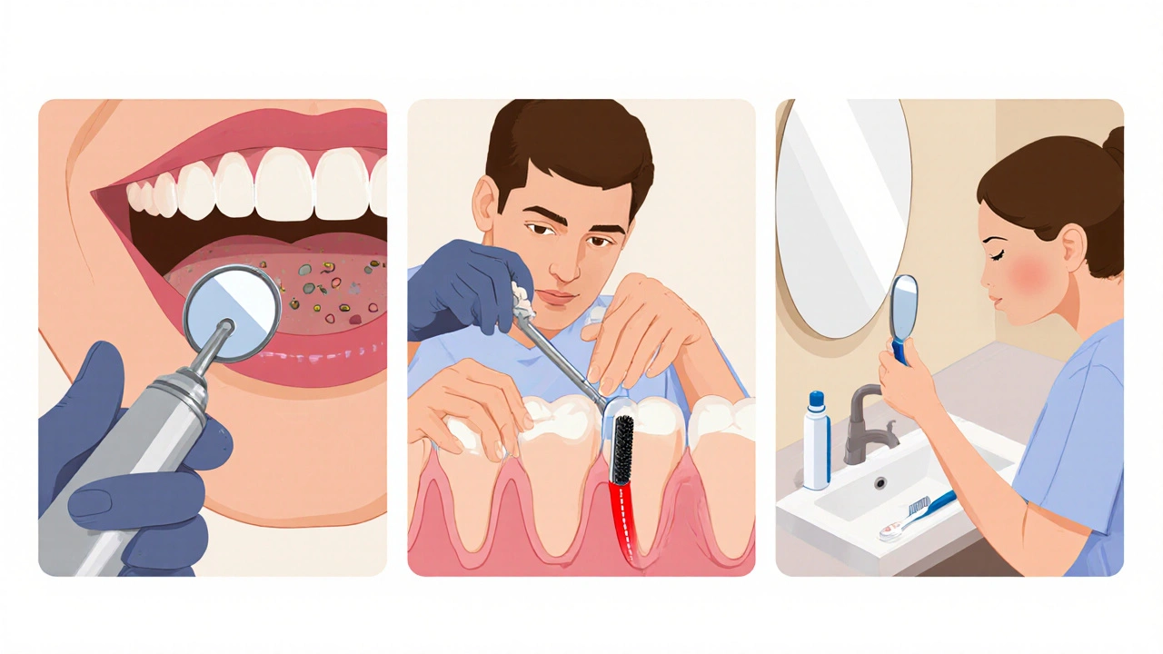 Tři scénky: endodontista kontroluje kořenový kanálek, periodontolog zkoumá dásně, hygienistka doma zkoumá mezizuby.