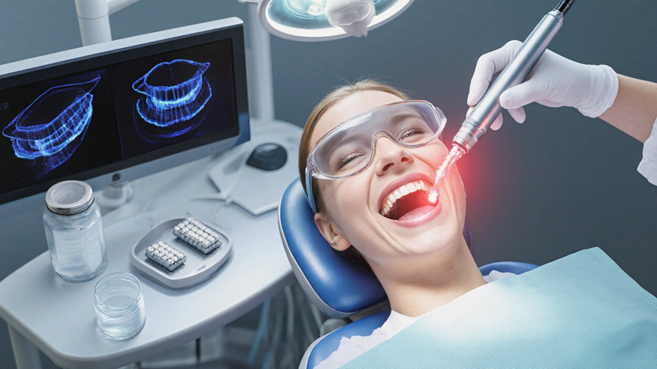 Zubař aplikuje laserové bělení na zuby pacienta v klinickém prostředí.