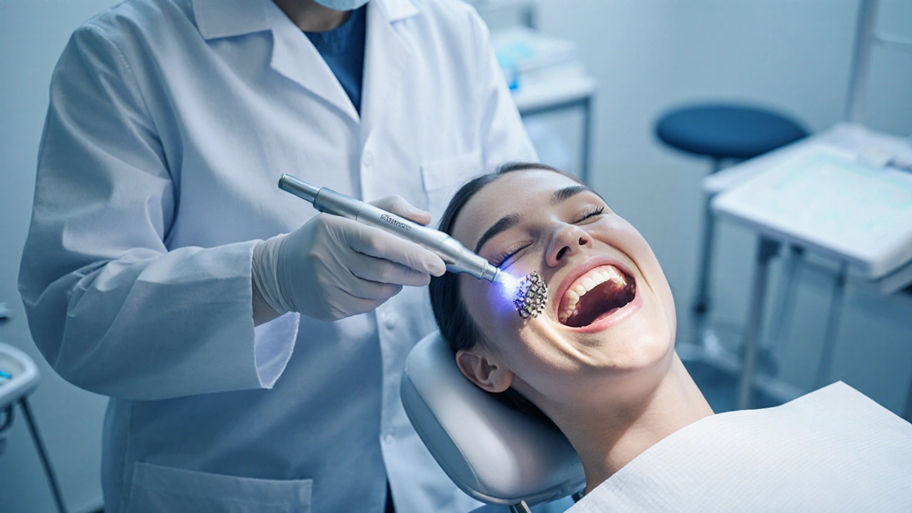 Zubař používá ultrazvukový nástroj na odstranění kamene z zubů.