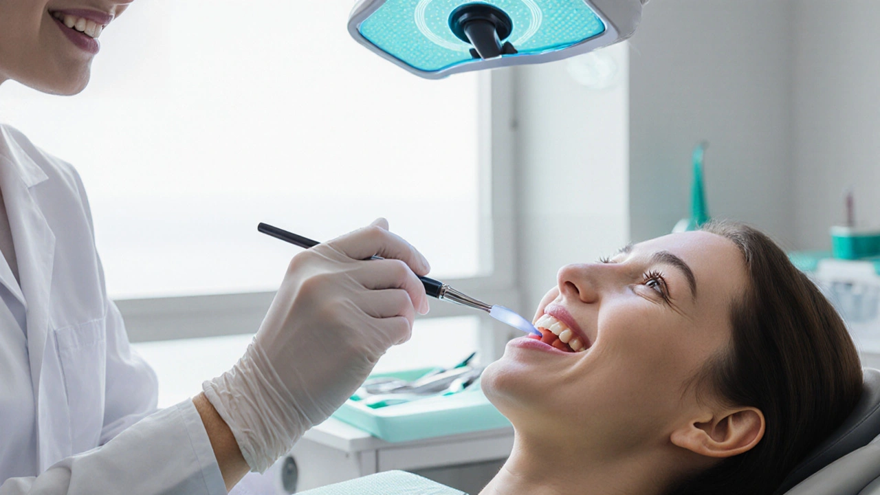 Zubař v bílém plášti aplikuje bělící gel na zuby pacienta pod modrým LED světlem v klinice.