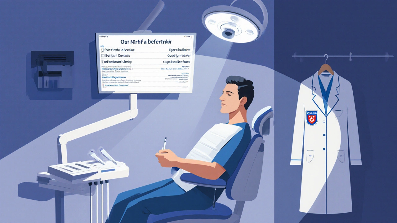 Zubní lékař v noci vyšetřuje pacienta v klinice s monitorováním pohotovostních center.