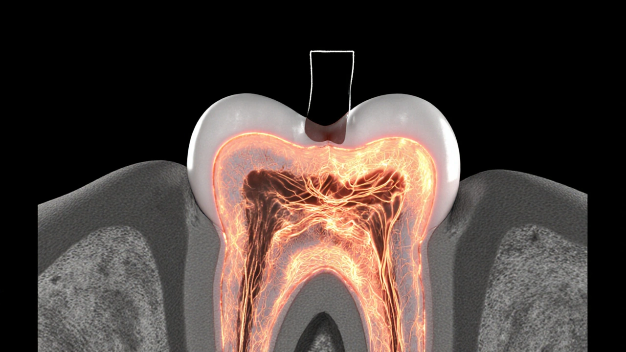3D rentgenový snímek kořenových kanálků zubu s příznaky infekce na konci kořene.
