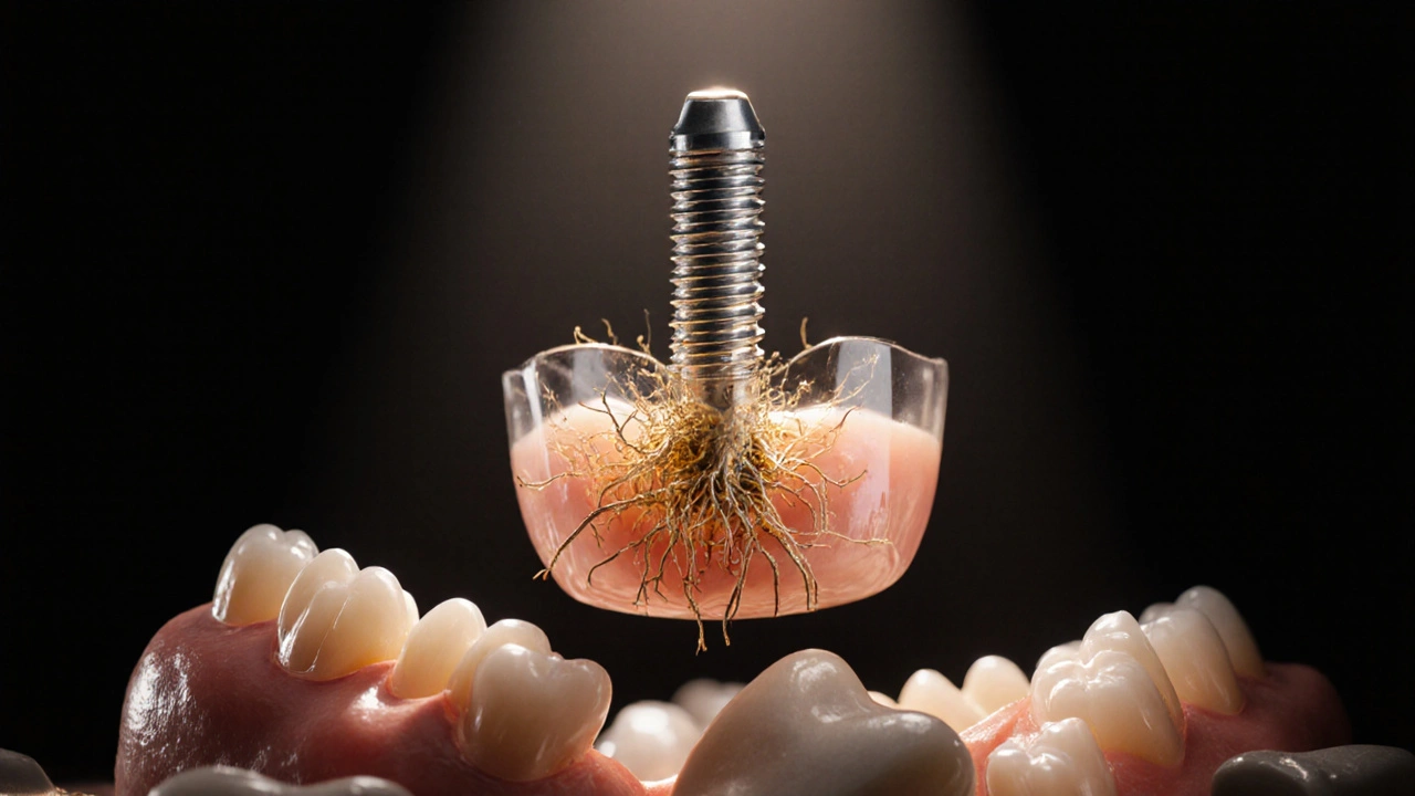 Dentální implantát s růstoucí kostí kolem něj, nad vyhozenými protézami ve světle.