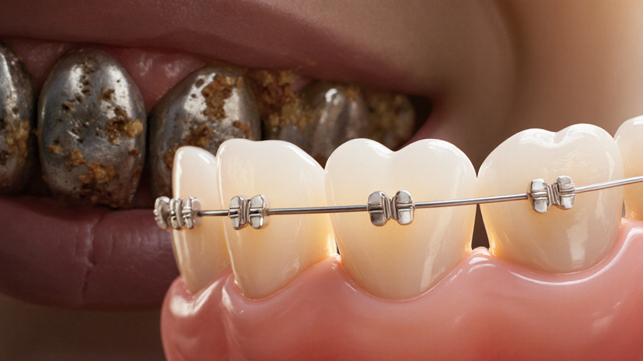 Detail keramického držáku na zubě bez zbytků jídla, s tenkým elastickým vodičem.