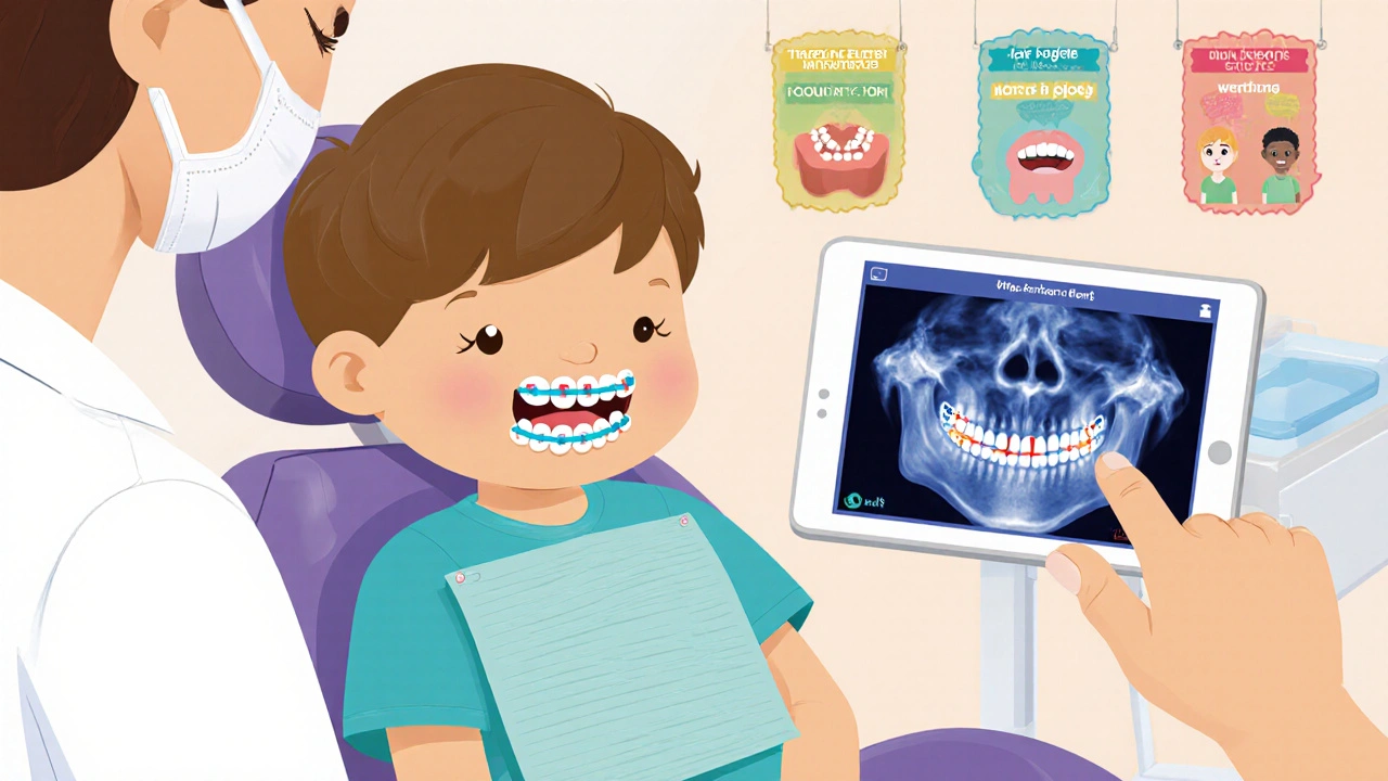 Dítě na zubním křesle s ortodontickým zařízením a 3D snímkem čelisti.