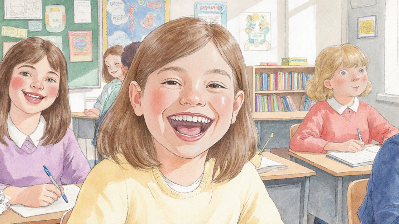 Dítě se směje ve třídě s keramickými rovnátky, nikdo neví, že má ortodontické zařízení.