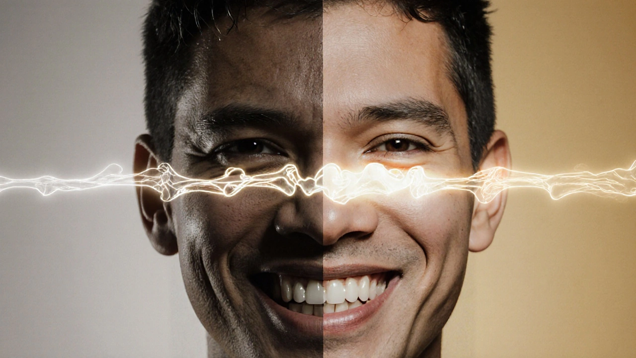 Dvojí obličej: jedna strana s chybějícími zuby a zoufalstvím, druhá s plným chrupem a radostí.