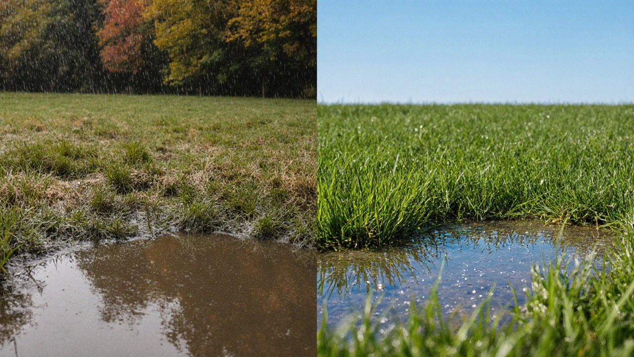 Dvojitý obrázek: mokrý, bahnový trávník vlevo a zdravý, vodoodolný trávník vpravo.