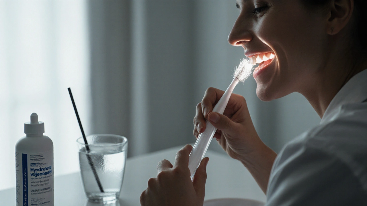 Jemné čištění zubů měkkým kartáčkem v klidné koupelně s pastou pro citlivé zuby.