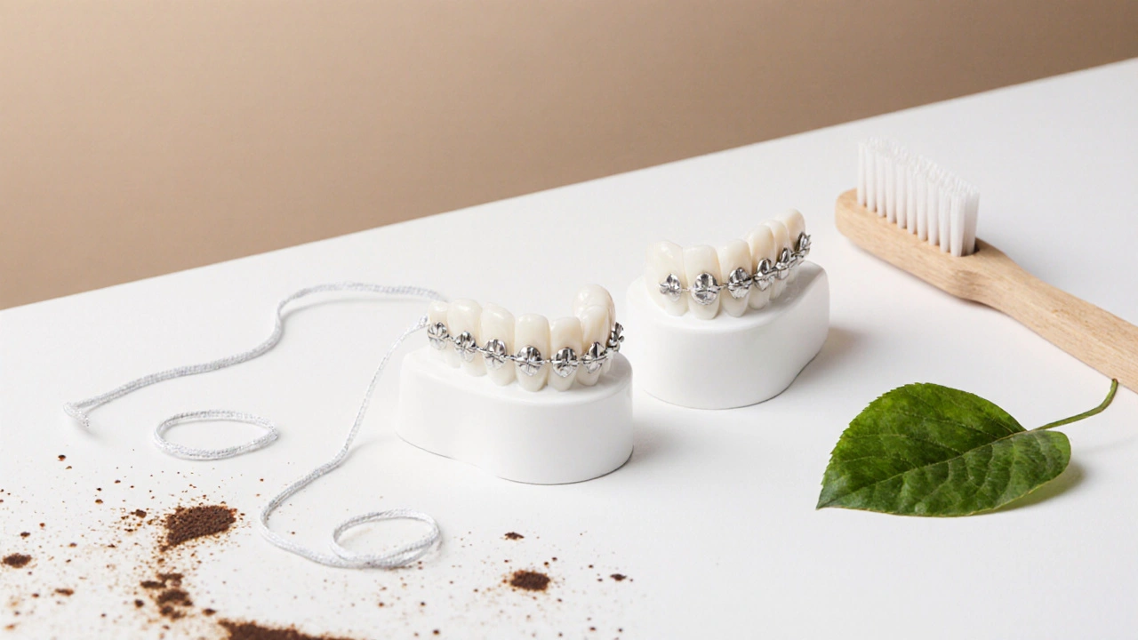 Keramické a kovové rovnátka vedle sebe s kávovými skvrnami, kartáčkem a listem, symbolizující estetiku a ekologii.