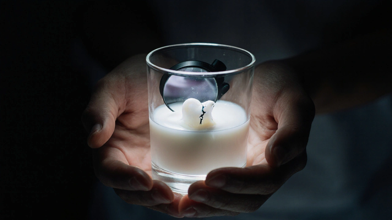 Kousek zubu v mléce s odrazem zubního zrcátka a světla.
