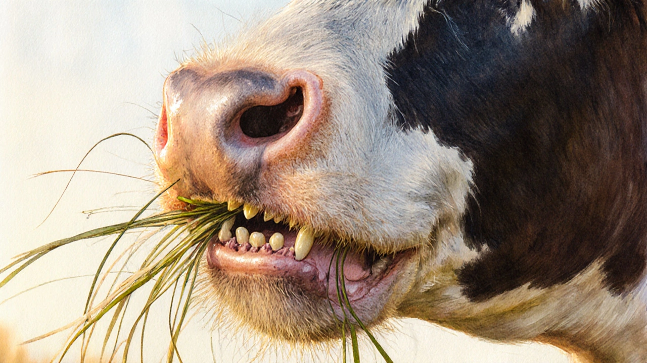 Kráva má ploché stoličky pro mletí trávy bez horních řezáků.