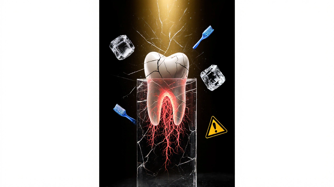 Křehký zub jako skleněná věž s rozštěpenými kořeny a symboly péče o zuby.