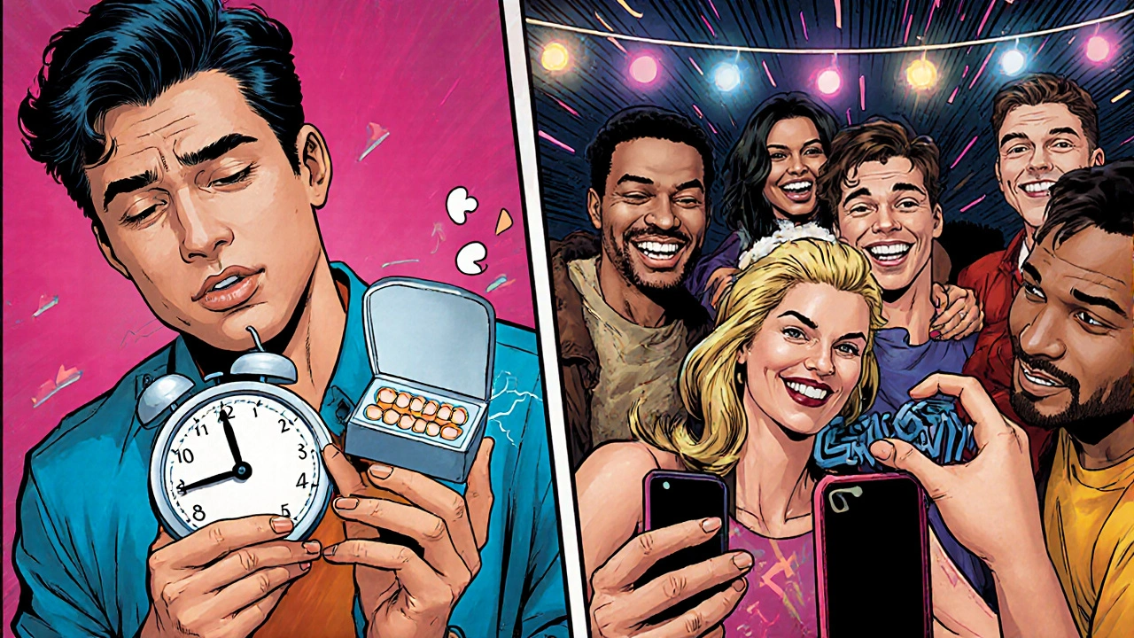 Kreslená scéna: člověk před a po použití nalepovacích zubů, kontrast mezi nervozitou a sebedůvěrou.