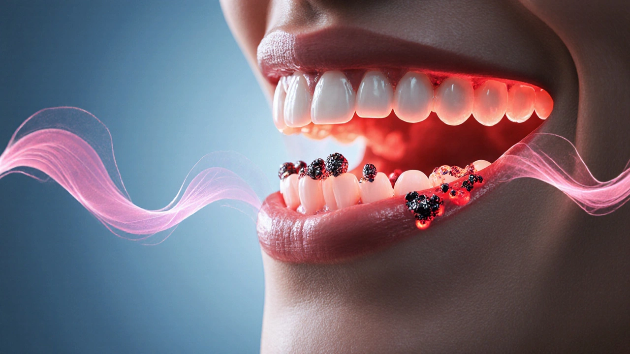 Mikroskopický pohled na plak s železnými částicemi a zánětlivými bakteriemi v ústech těhotné ženy.