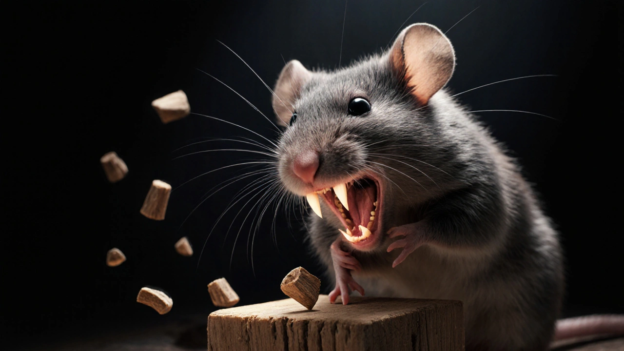 Myš má zuby, které neustále rostou a škrábají o dřevo.