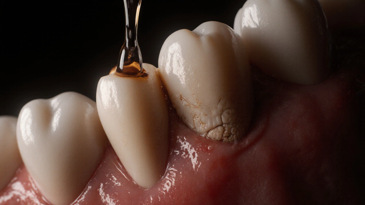 Odhalený kořen zubu s vystaveným cementem a kávou, která způsobuje erozi.