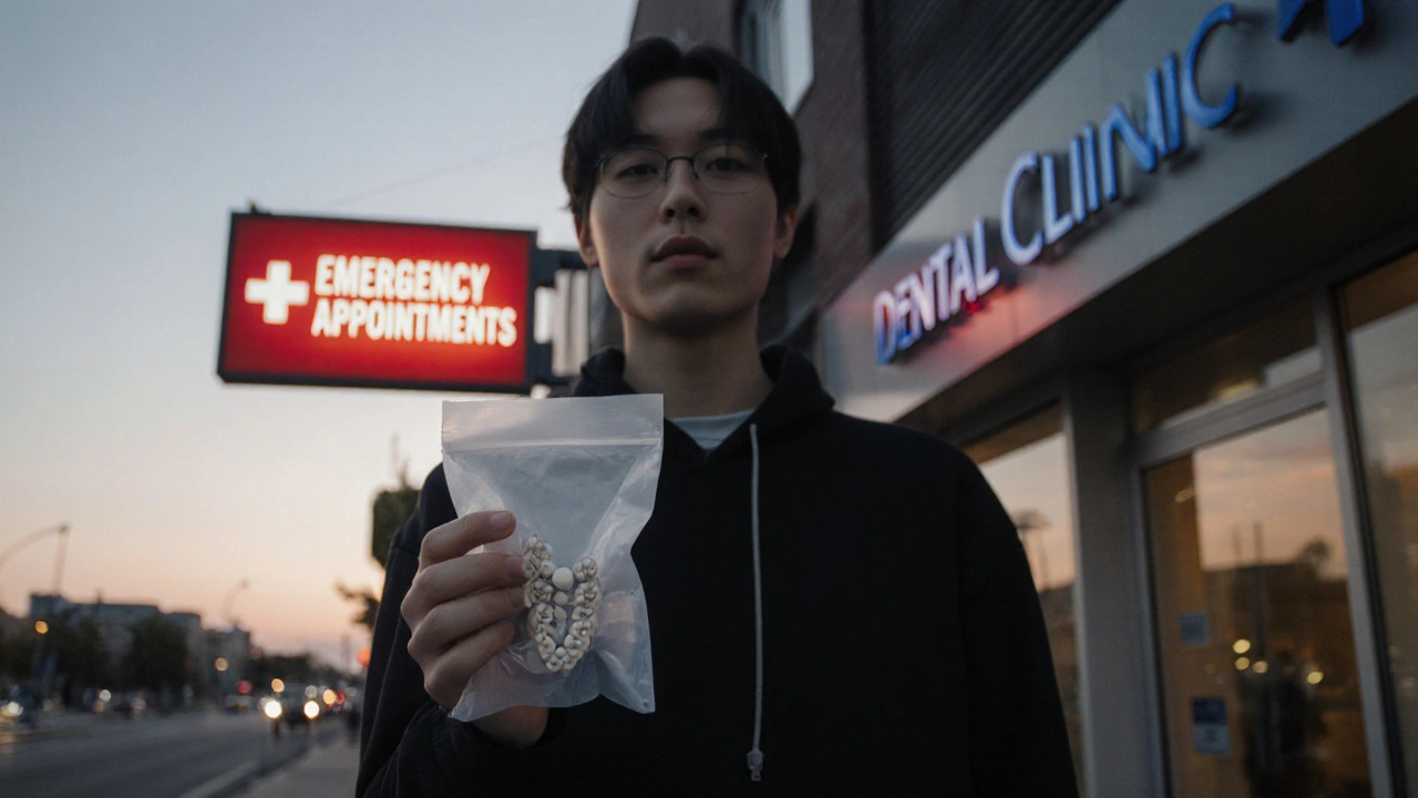 Osoba drží odlomený keramický držák v plastovém pytlíku před klinikou.