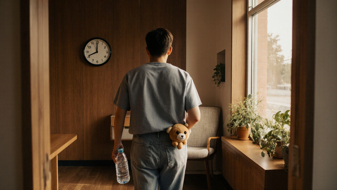 Osoba vstupuje do klidné zubní ordinace odpoledne, drží vodu a malý předmět v kapse.