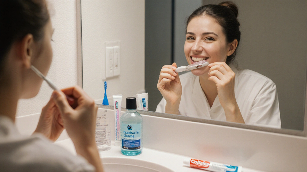 Pacient čistí implantát mezizubním kartáčkem v koupelně