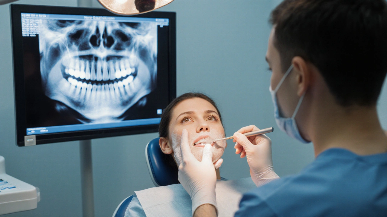 Pacient drží chladnou kompresi na tvář, zubní lékař prohlíží jeho přední zuby.