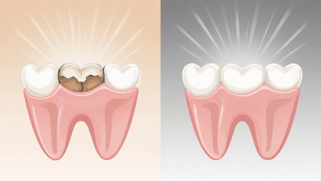 Porovnání poškozeného zubu a zubu s keramickou fazetou, důraz na přirozený vzhled a světelný efekt.