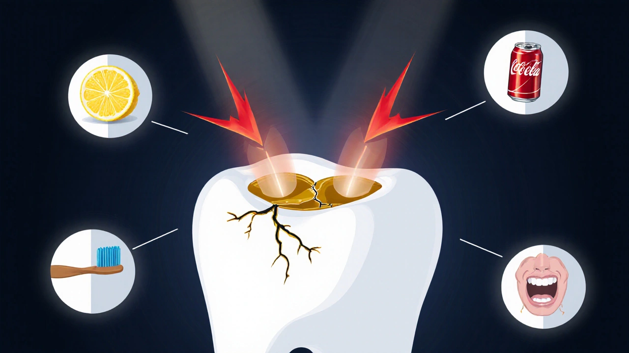Poškozený zub s uzavřenými tubuly a viditelnými příčinami citlivosti jako kyselé potraviny a škrábání.