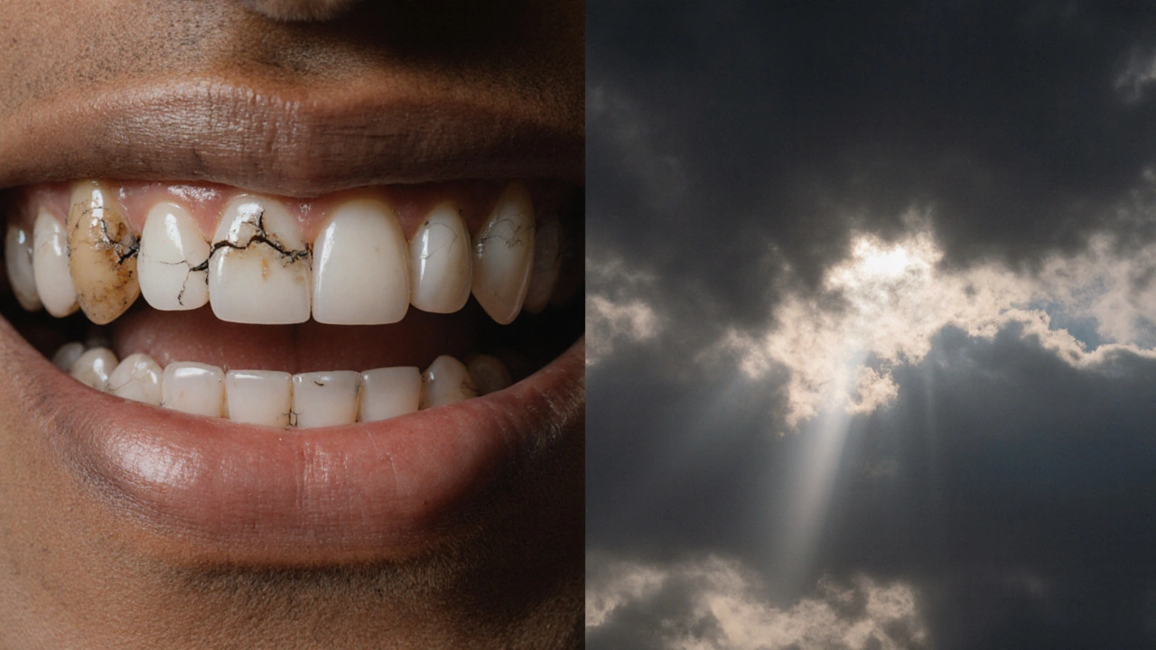 Před a po: zničené zuby vlevo, zdravý úsměv vpravo, osvětlený sluncem.