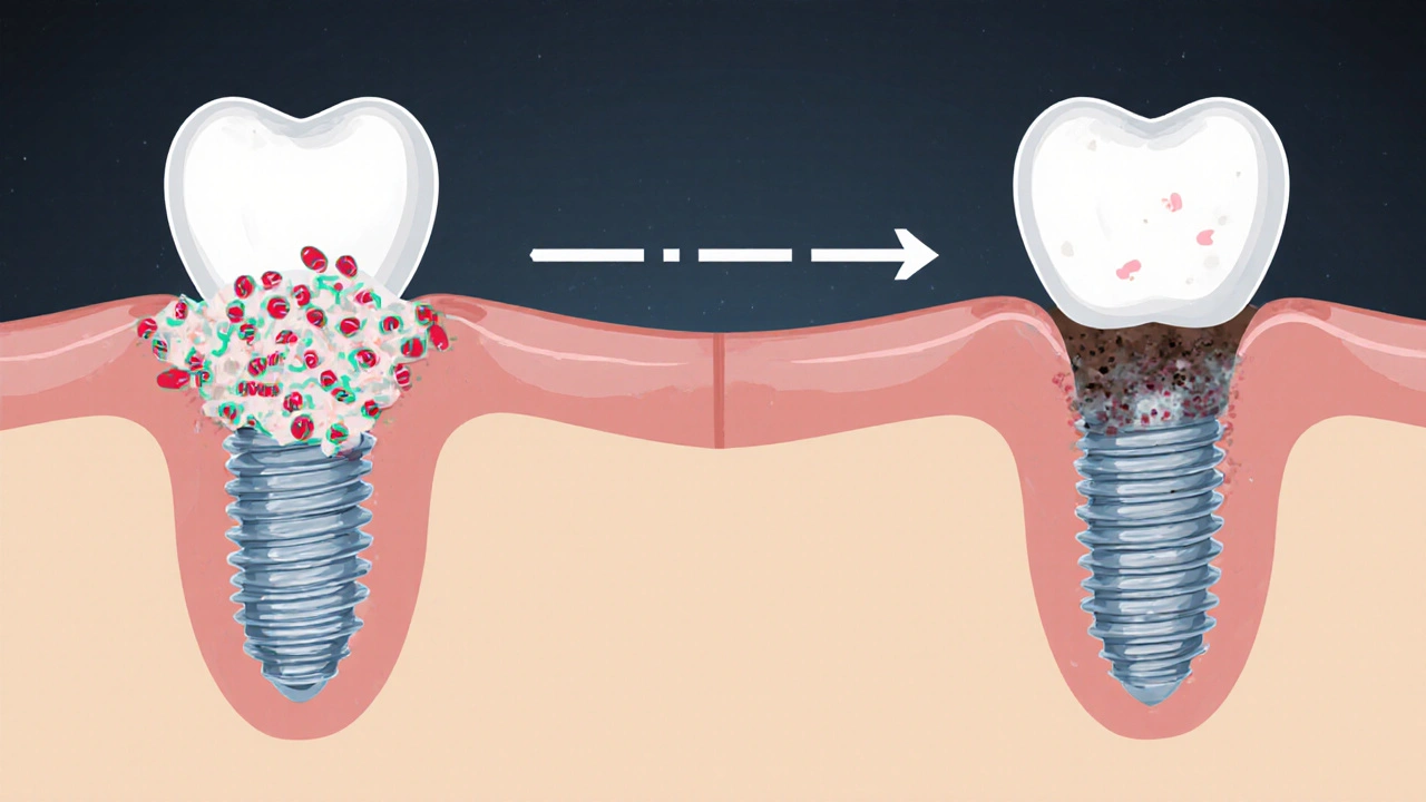 Příčný řez implantátem s vlivem plaku na kostní tkáň