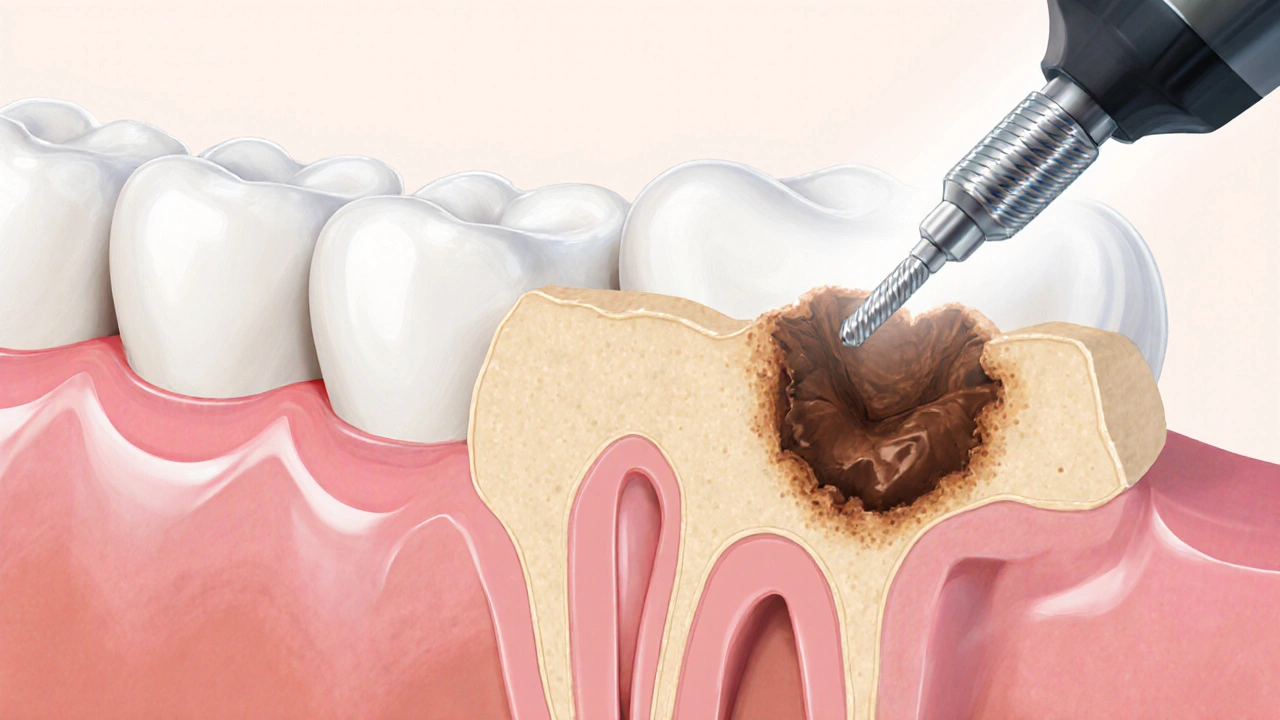 Příčný řez zubu s odstraněnou kazí a zdravou tkání, symbolizující přesné ošetření.