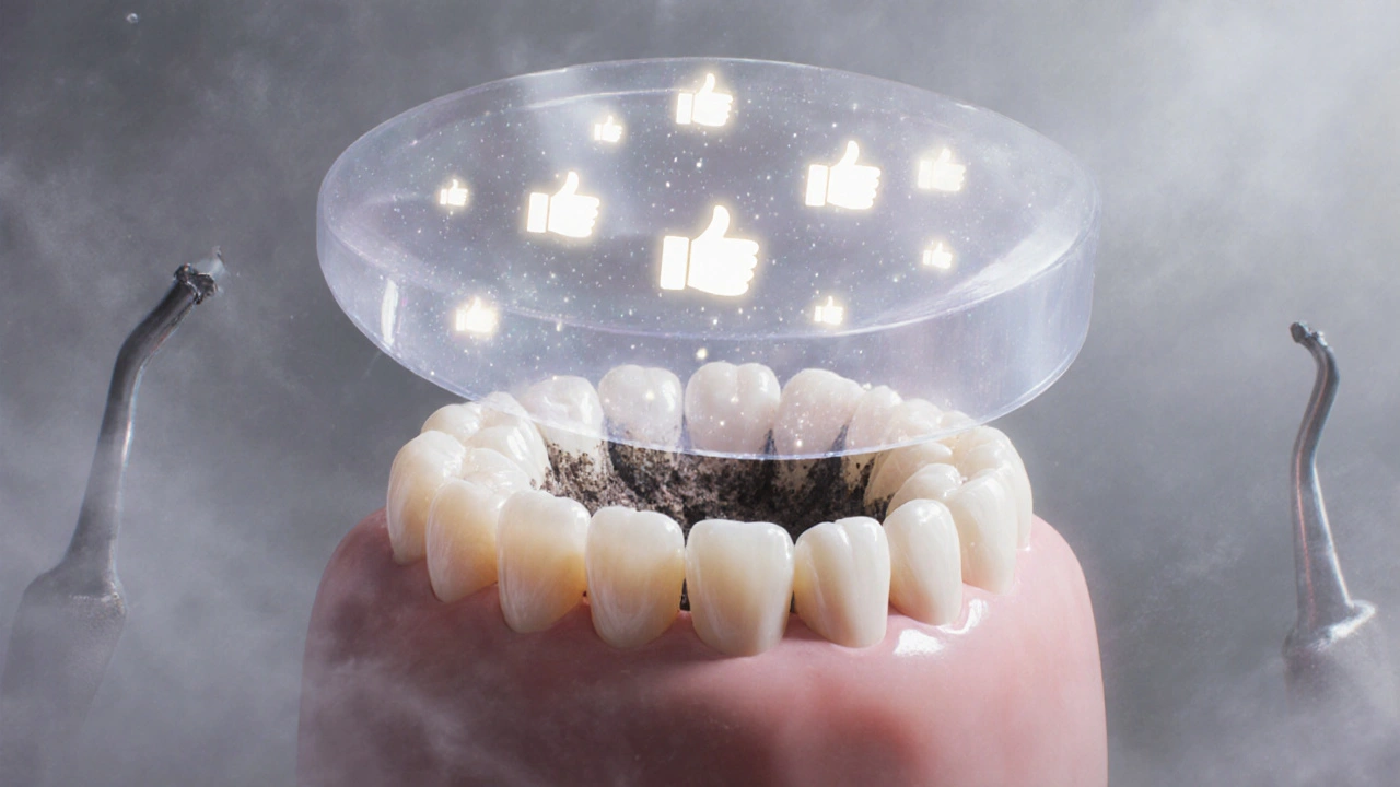 Průhledná fólie nad zuby s jemnými světelnými částicemi, symbolizujícími estetiku a důvěru.