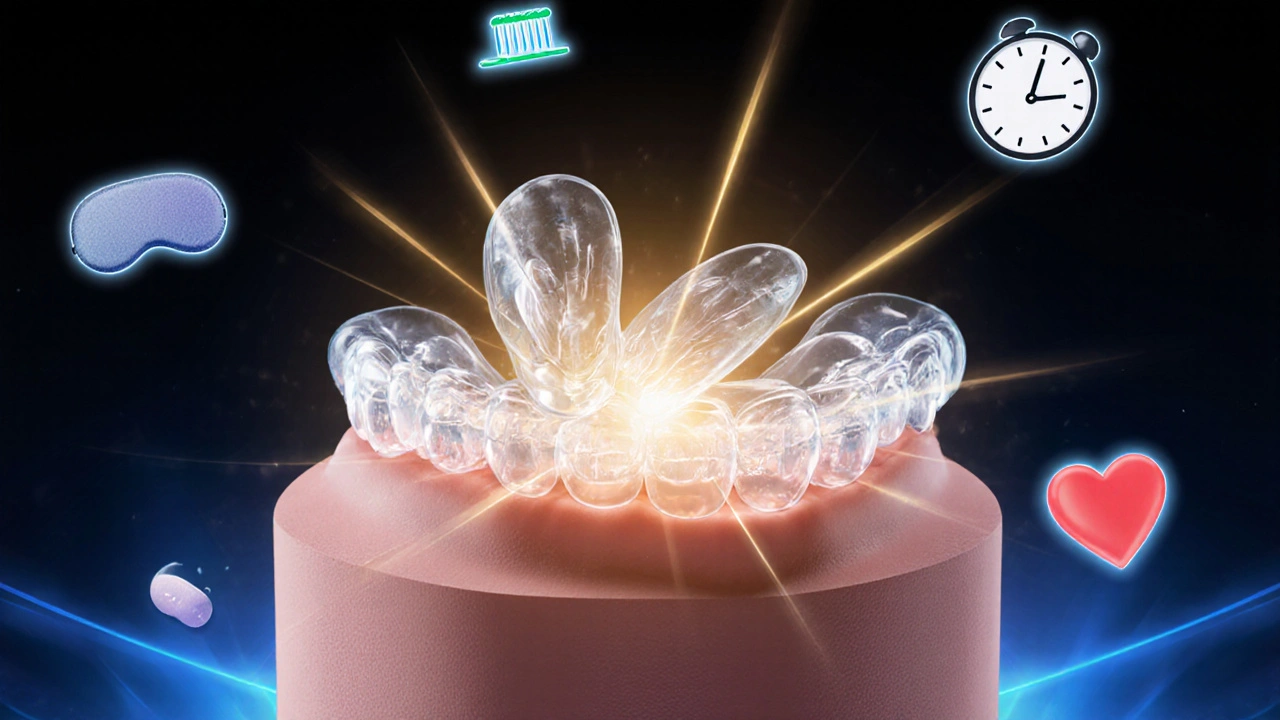 Průhledné ortodontické šňůry nad čelistí s ikonami zdraví a kvality života.