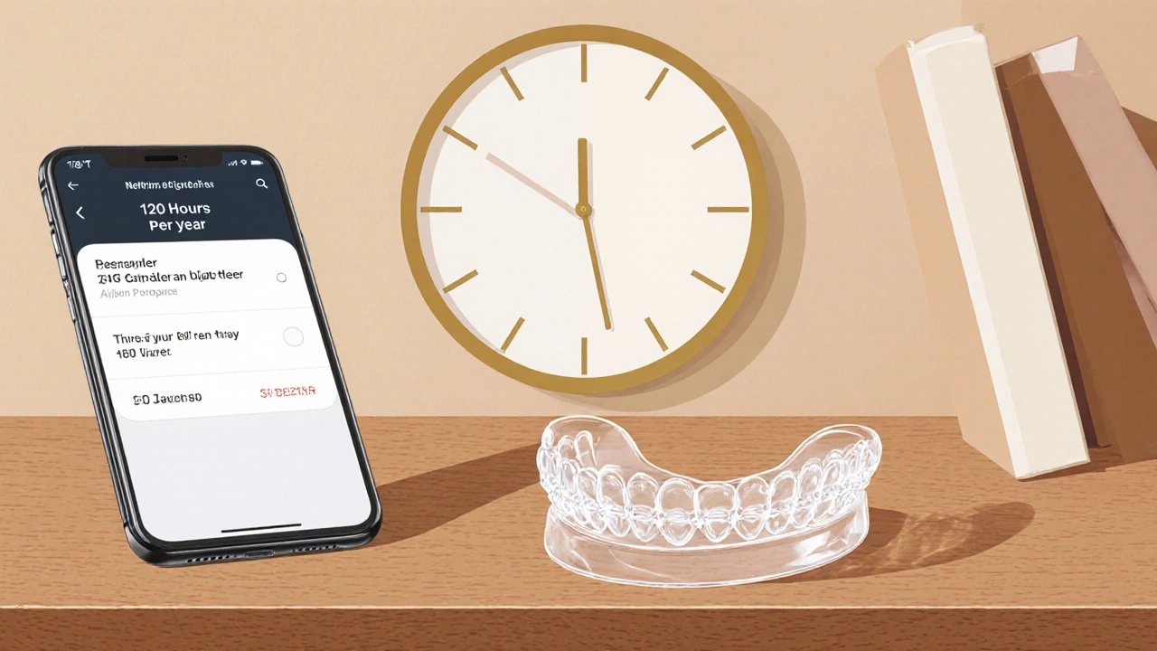 Průhledné rovnátka na stole vedle telefonu s připomínkou, symbolizující ušetřený čas.