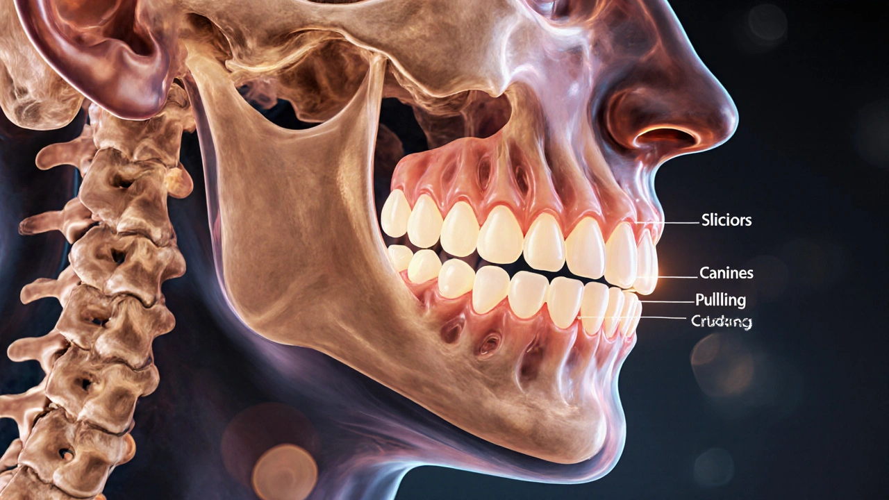 Průhledný profil obličeje s viditelnými zuby a jejich funkcemi jako světelnými stopami.