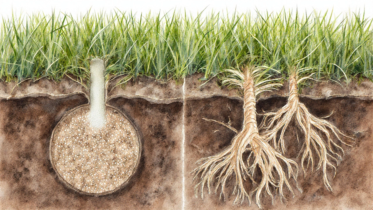 Průřez trávníku s pískem pronikajícím do půdy a zlepšujícím odtok vody mezi kořeny.