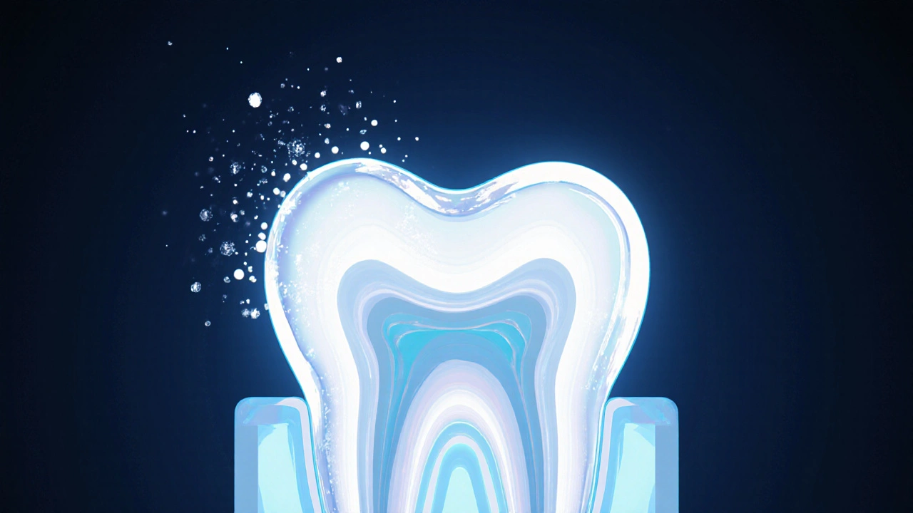 Průřez zubu ukazující, jak bělící gel proniká do skloviny a rozkládá pigmenty.