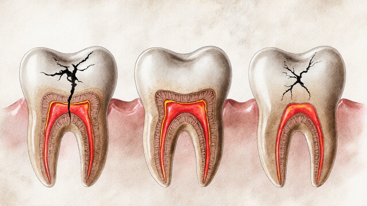 Průřez zubu ukazující tři úrovně poškození od skloviny až ke kořeni.